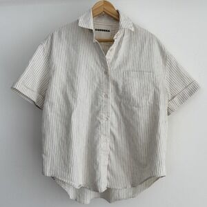 Cordera Shirt Womens One Size Cream Stripe Linen Cotton Short Sleeve Button Up